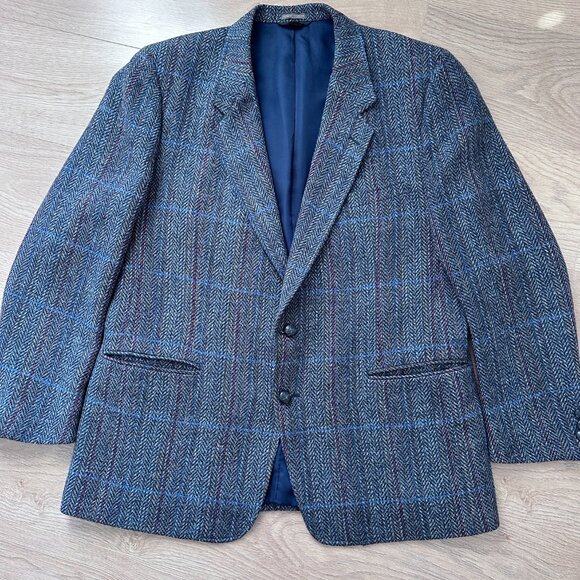 Tweed Plaid Herringbone Wool Blazer sz 46R - grey/blue - Picture 2 of 14